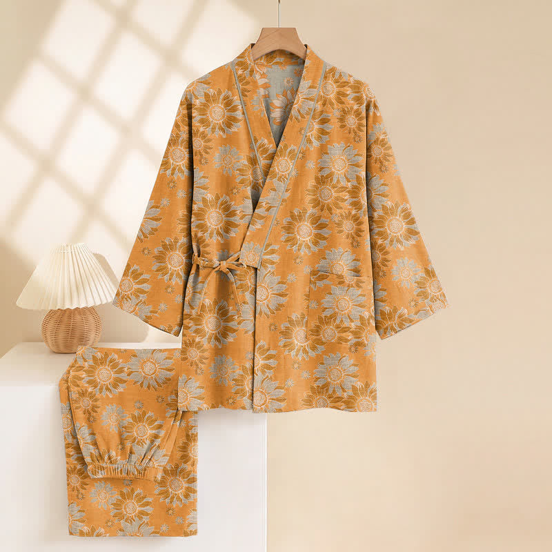 Ownkoti Retro Sunflower Cotton Kimono Pajama Set - image 3