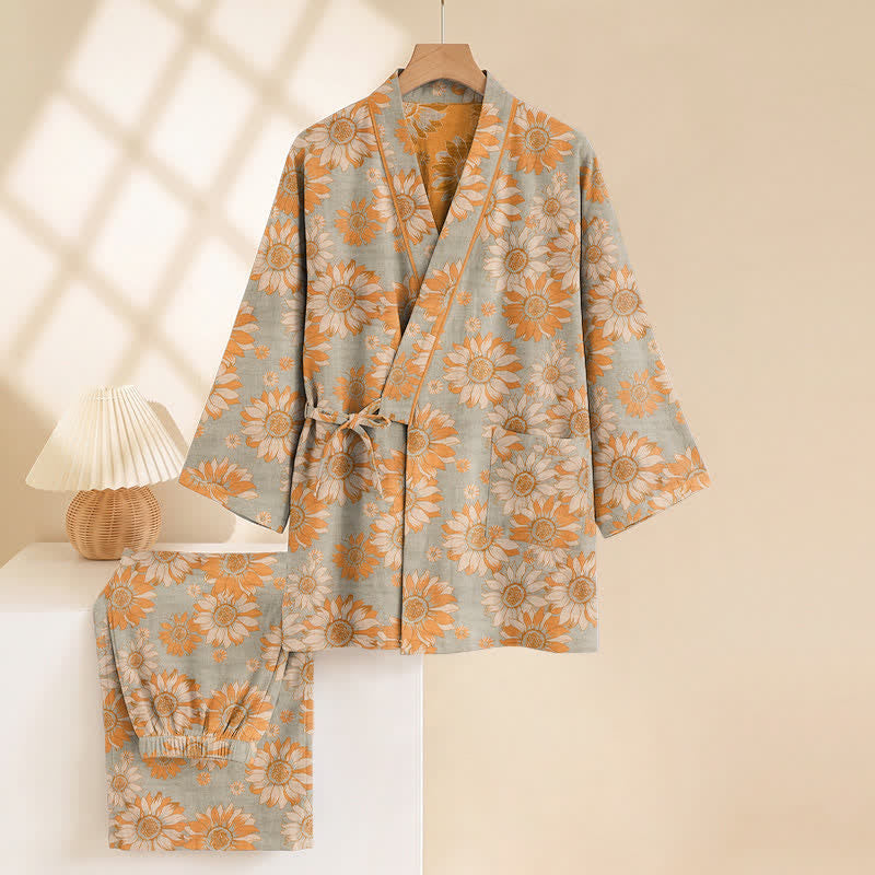Ownkoti Retro Sunflower Cotton Kimono Pajama Set - image 9