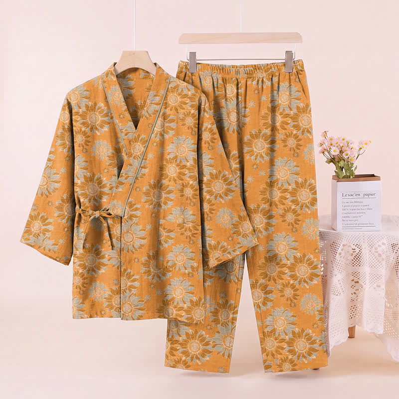 Ownkoti Retro Sunflower Cotton Kimono Pajama Set - image 2