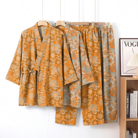 Ownkoti Retro Sunflower Cotton Kimono Pajama Set - image 0