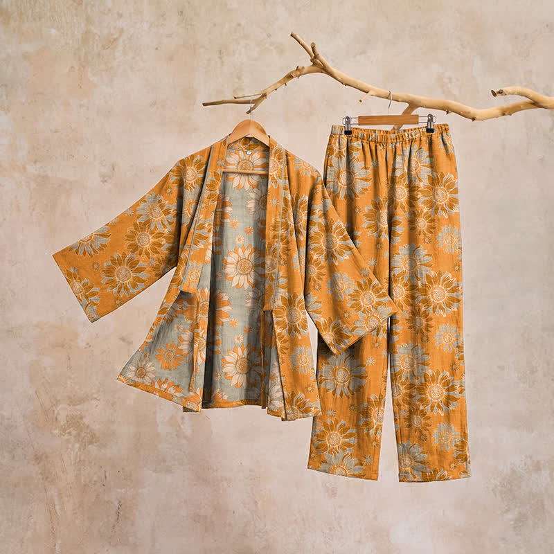 Ownkoti Retro Sunflower Cotton Kimono Pajama Set - image 4