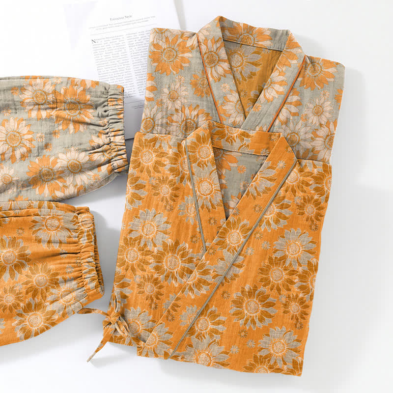 Ownkoti Retro Sunflower Cotton Kimono Pajama Set - image 5