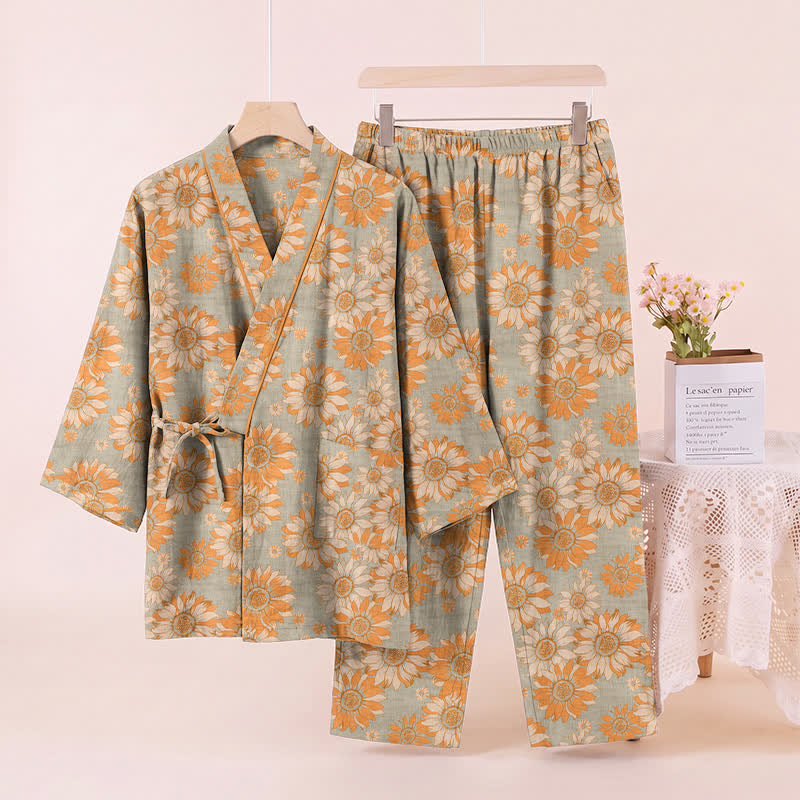 Ownkoti Retro Sunflower Cotton Kimono Pajama Set - image 8