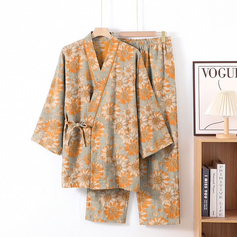 Ownkoti Retro Sunflower Cotton Kimono Pajama Set - Light Gray - XL - image 6
