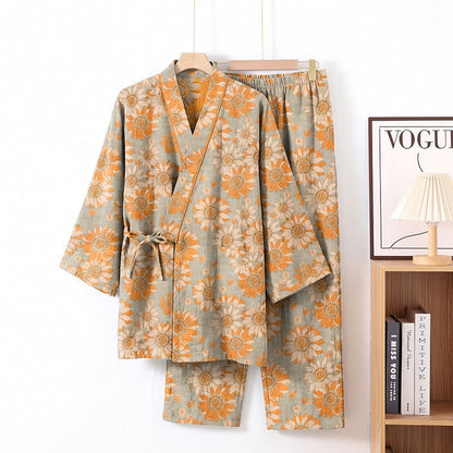 Ownkoti Retro Sunflower Cotton Kimono Pajama Set - Light Gray - XL - image 6