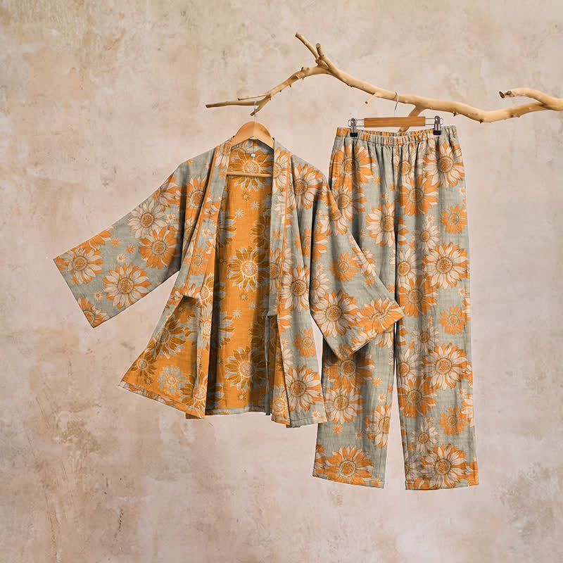 Ownkoti Retro Sunflower Cotton Kimono Pajama Set - image 10