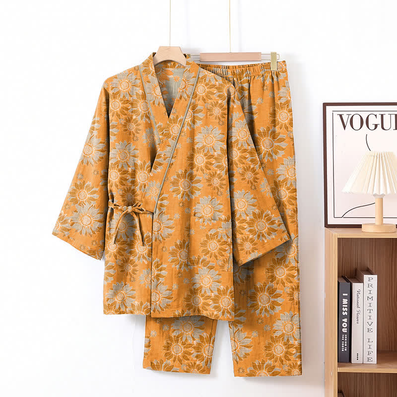 Ownkoti Retro Sunflower Cotton Kimono Pajama Set - Orange - XL - image 1