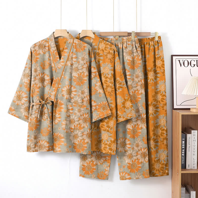 Ownkoti Retro Sunflower Cotton Kimono Pajama Set - image 7