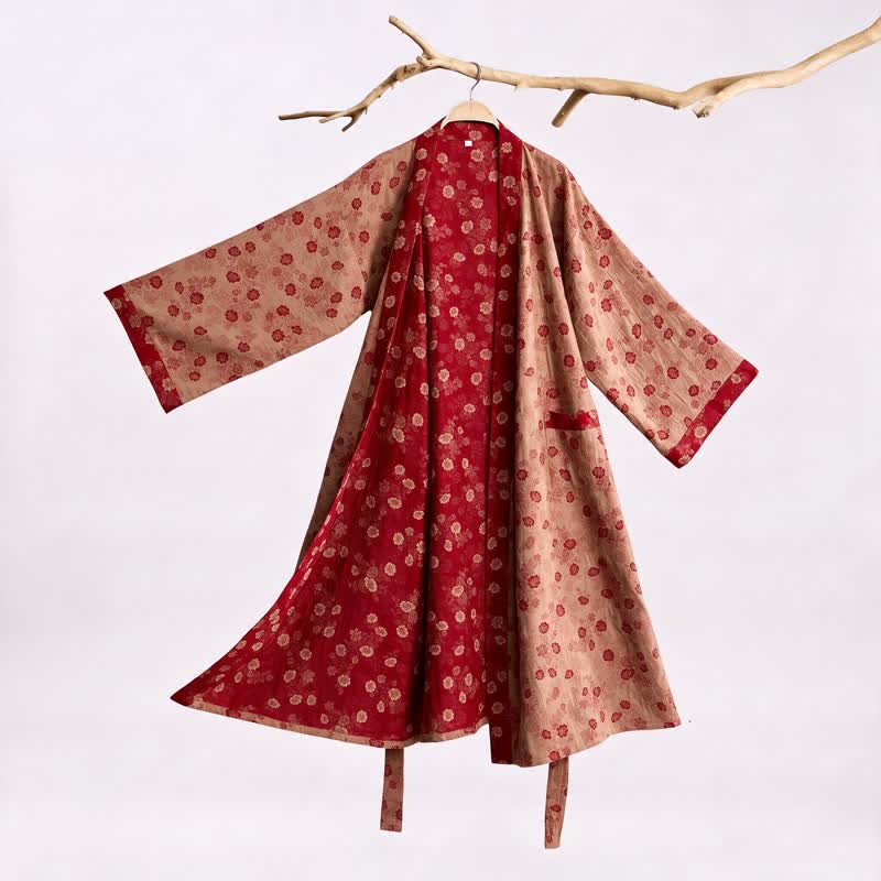 Ownkoti Retro Flower Cotton Gauze Kimono Robe - Beige - XL - image 8