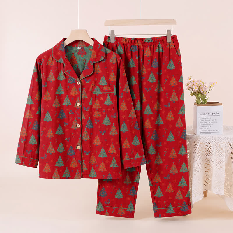 Ownkoti Christmas Tree Cotton Gauze Loungewear Set - Red - XL - image 0