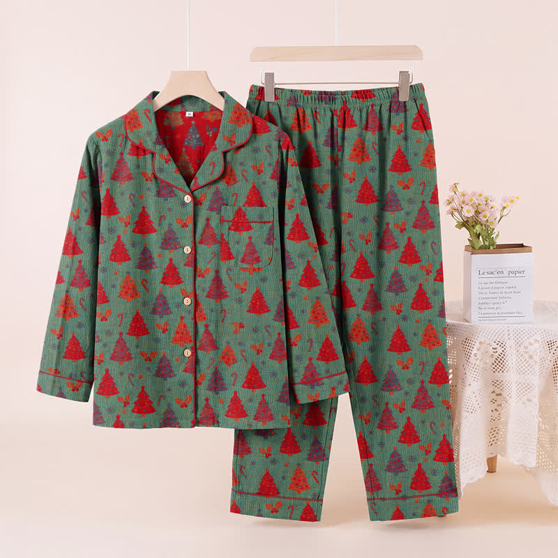 Ownkoti Christmas Tree Cotton Gauze Loungewear Set - Green - XL - image 6