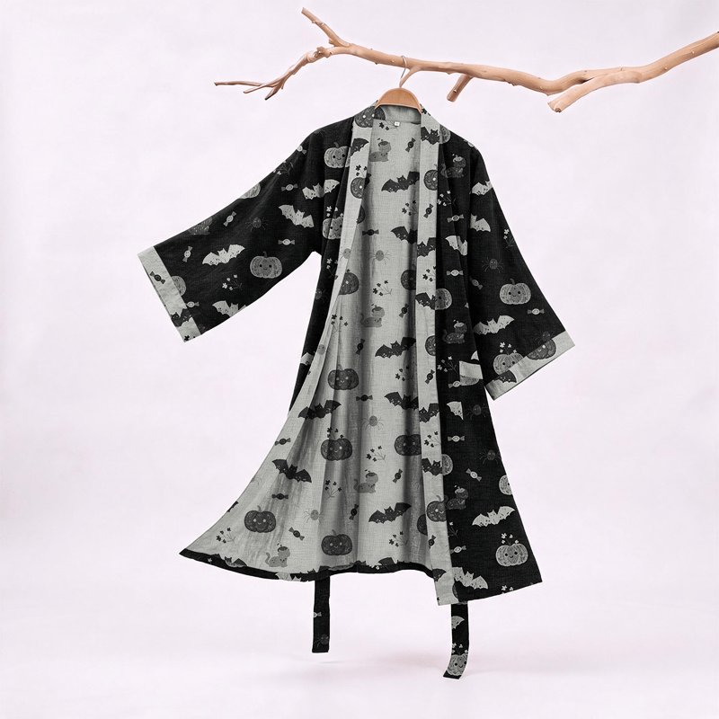 Ownkoti Halloween Pumpkin Bat Cotton Kimono Robe - Black - XXL - image 0