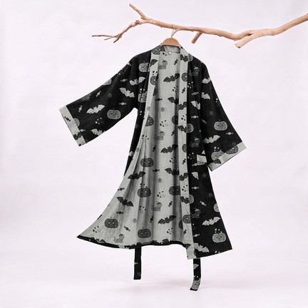 Ownkoti Halloween Pumpkin Bat Cotton Kimono Robe - Black - XXL - image 0