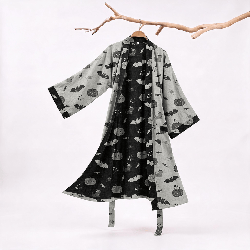 Ownkoti Halloween Pumpkin Bat Cotton Kimono Robe - Gray - XXL - image 5