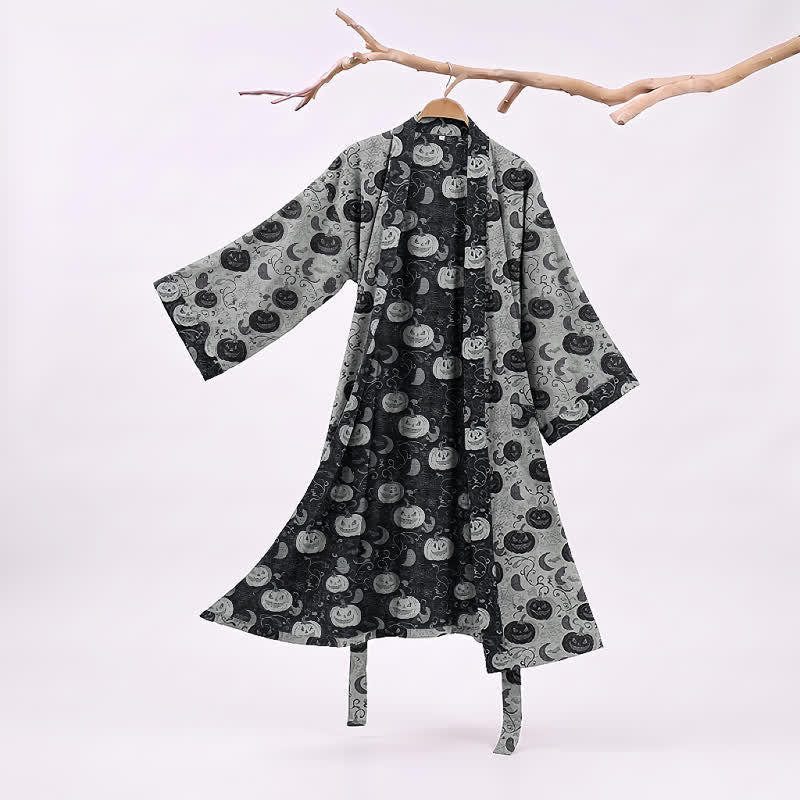 Ownkoti Halloween Pumpkin Moon Cotton Kimono Robe - White - XXL - image 5