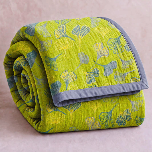 Ownkoti Green‑Gray Ginkgo Leaf Cotton Blanket - Green - 98" x 94" - image 0