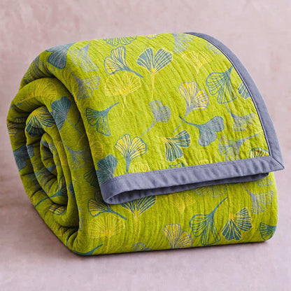 Ownkoti Green‑Gray Ginkgo Leaf Cotton Blanket - Green - 98" x 94" - image 0