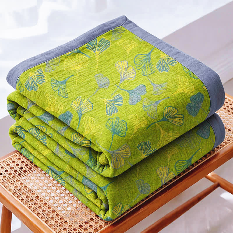 Ownkoti Green‑Gray Ginkgo Leaf Cotton Blanket - image 1