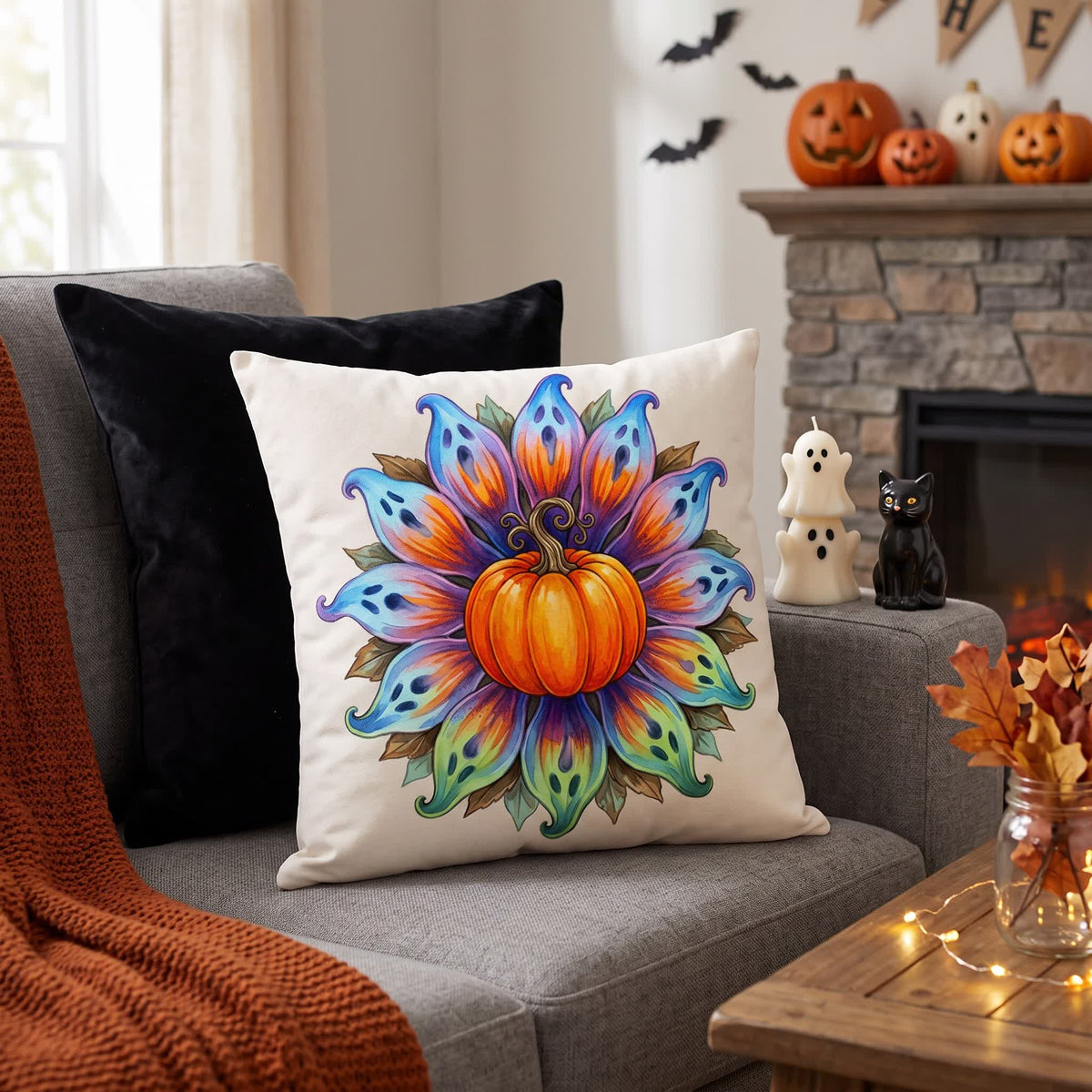 Ownkoti Halloween Pumpkin Flower Throw Pillow Cover - Cover + Insert - 2PCS - 18" x 18" - image 0