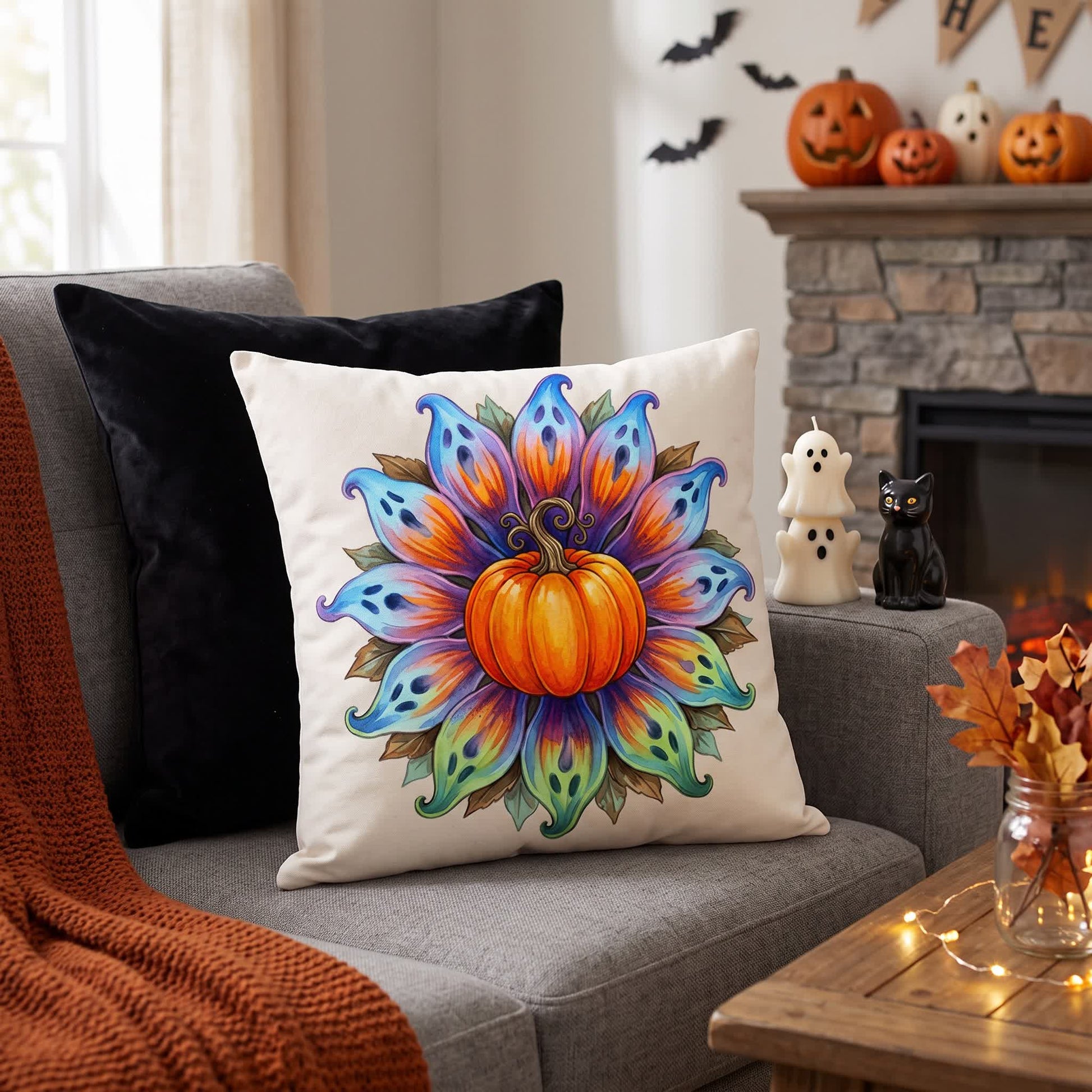 Ownkoti Halloween Pumpkin Flower Throw Pillow Cover - Cover + Insert - 2PCS - 18" x 18" - image 0