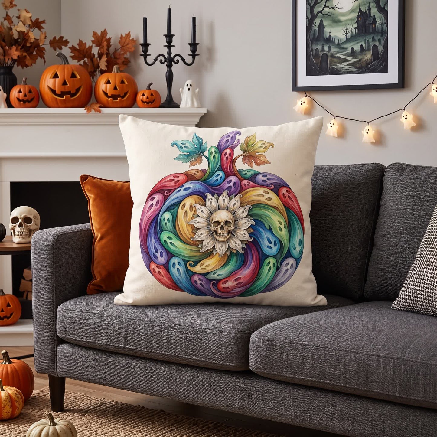 Ownkoti Rainbow Ghost Pumpkin Halloween  Pillow Cover - image 1