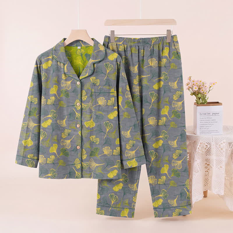 Ownkoti Nature‑Inspired Ginkgo Leaf Cotton Loungewear Set - Light Gray - XL - image 6