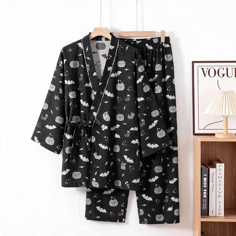 Ownkoti Halloween Bat Pumpkin Cotton Kimono Pajama Set - Black - XL - image 1