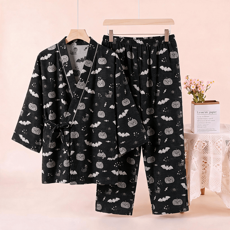 Ownkoti Halloween Bat Pumpkin Cotton Kimono Pajama Set - image 2