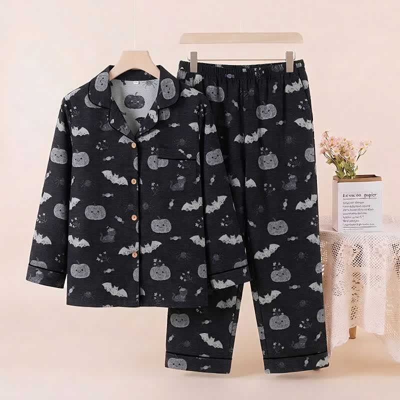 Ownkoti Halloween Pumpkin Bat Cotton Gauze Loungewear Set - Black - XL - image 0
