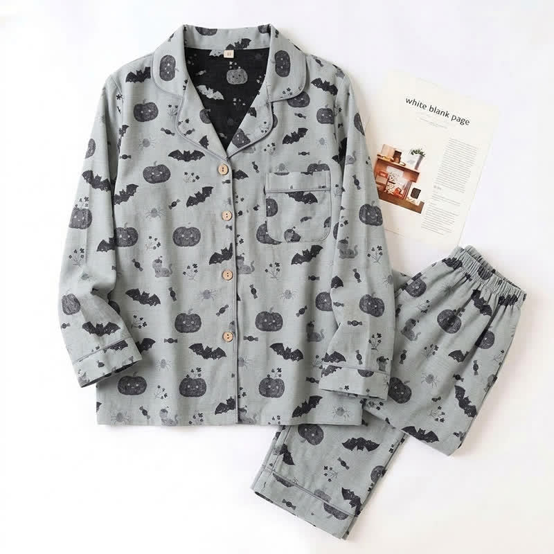 Ownkoti Halloween Pumpkin Bat Cotton Gauze Loungewear Set - image 7