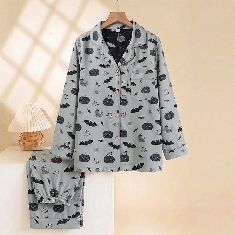Ownkoti Halloween Pumpkin Bat Cotton Gauze Loungewear Set - image 6