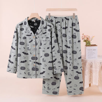 Ownkoti Halloween Pumpkin Bat Cotton Gauze Loungewear Set - Gray - XL - image 5