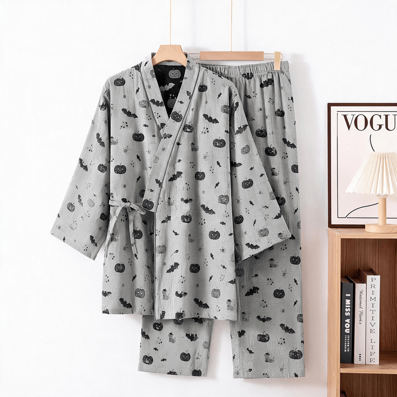 Ownkoti Halloween Bat Pumpkin Cotton Kimono Pajama Set - Gray - XL - image 6