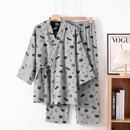 Ownkoti Halloween Bat Pumpkin Cotton Kimono Pajama Set - Gray - XL - image 6