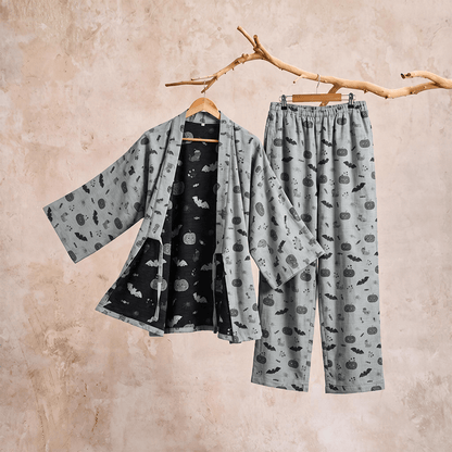 Ownkoti Halloween Bat Pumpkin Cotton Kimono Pajama Set - image 9