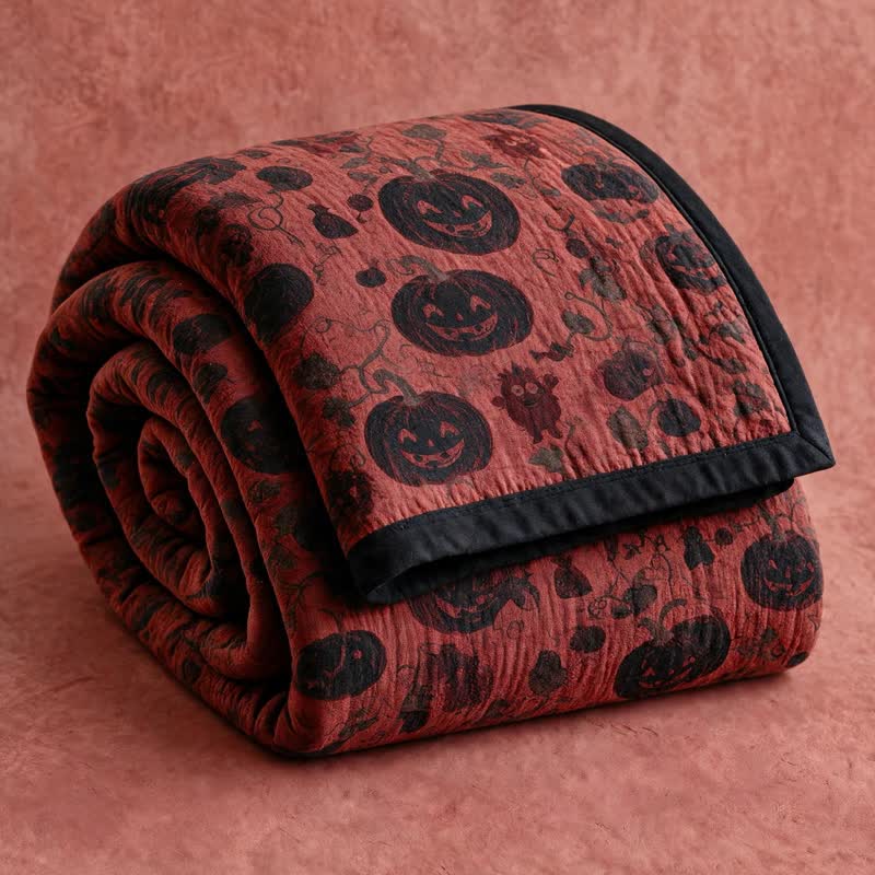 Ownkoti Burgundy Pumpkin Halloween Reversible Cotton Blanket - Red - Blanket - 98" x 94" - image 0