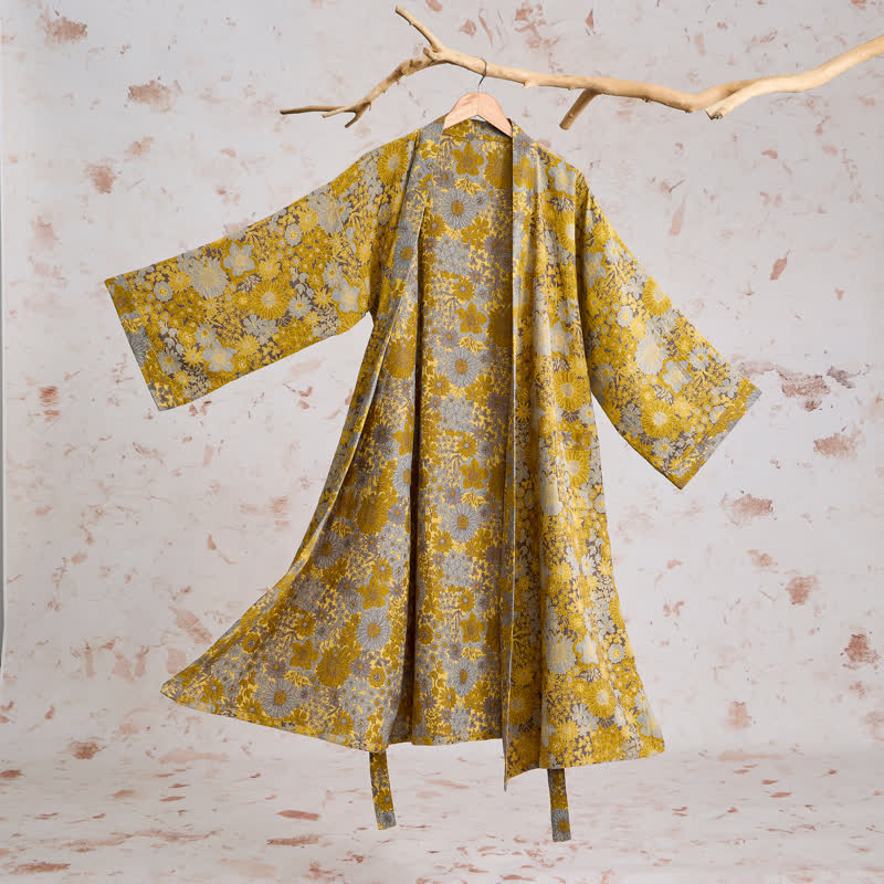Ownkoti Retro Muted Floral Cotton Lounge Robe - Light gray - 2XL - image 0