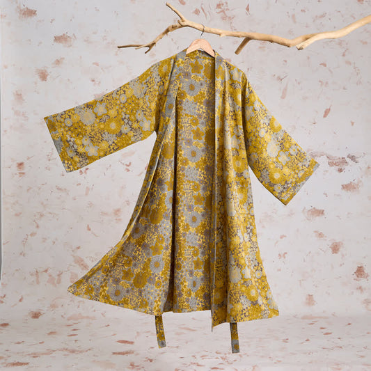 Ownkoti Retro Muted Floral Cotton Lounge Robe - Light gray - 2XL - image 0