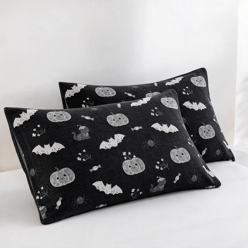Ownkoti Cute Halloween Pumpkin Bat Reversible Cotton Blanket - Black - 2PCS Pillowcases - 20" x 36" - image 4