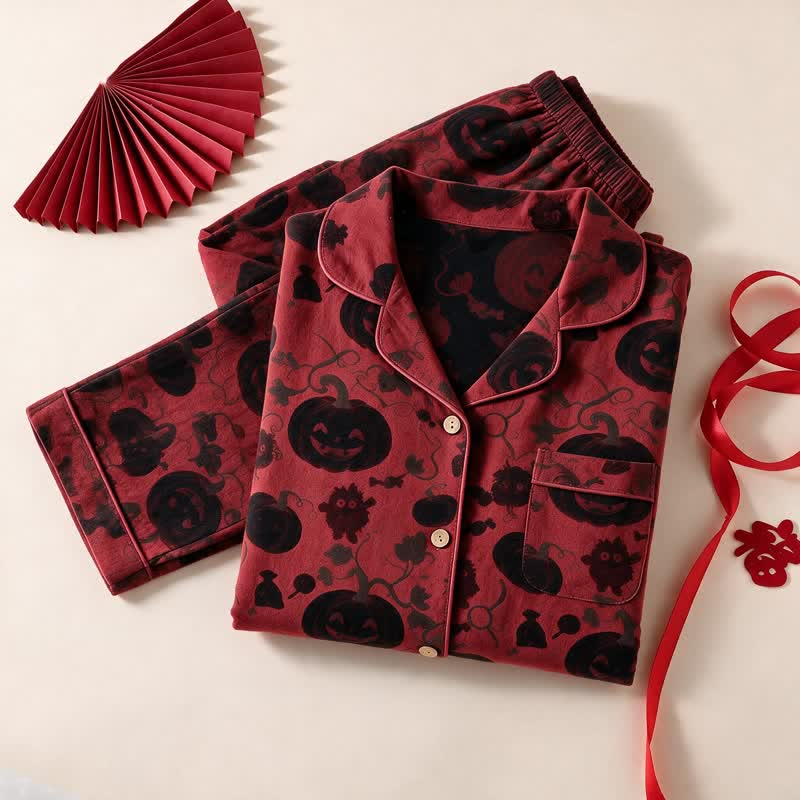 Ownkoti Red Pumpkin Monster Cotton Loungewear Set - Red & Black - XL - image 0