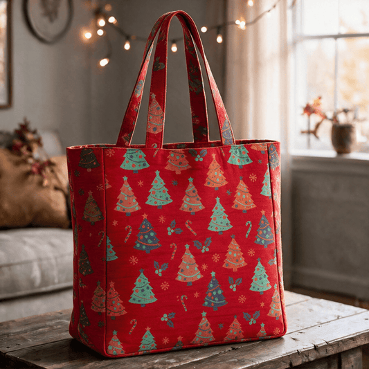 Ownkoti Christmas Tree Cotton Tote Shoulder Bag - Red - 14.2"W × 15.4"H × 4.1"D - image 0