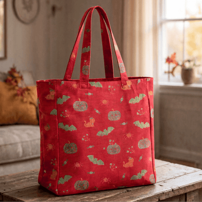 Ownkoti Halloween Pumpkin Bat Cotton Tote Shoulder Bag - Red - 14.2"W × 15.4"H × 4.1"D - image 0