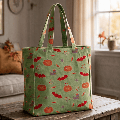 Ownkoti Halloween Pumpkin Bat Cotton Tote Shoulder Bag - Green - 14.2"W × 15.4"H × 4.1"D - image 4