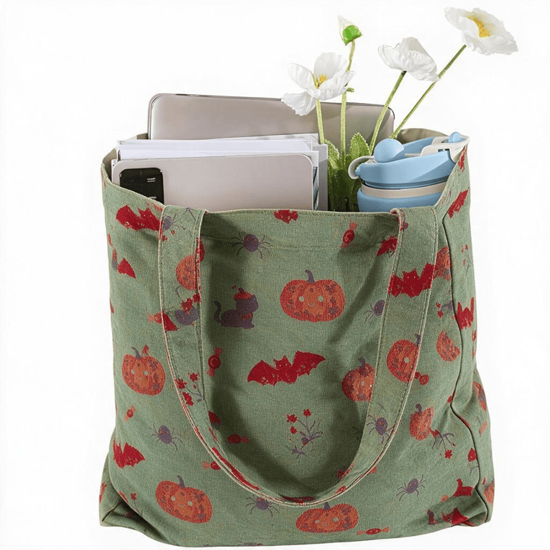 Ownkoti Halloween Pumpkin Bat Cotton Tote Shoulder Bag - image 5