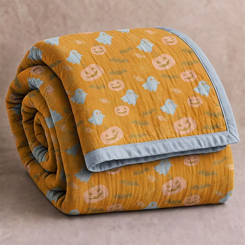 Ownkoti Reversible Halloween Pumpkin Ghost Cotton Blanket - Orange & Yellow - Blanket - 98" x 94" - image 0
