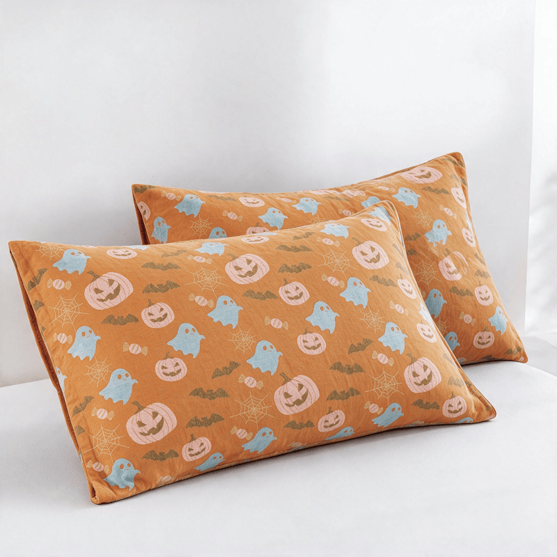 Ownkoti Reversible Halloween Pumpkin Ghost Cotton Blanket - Orange & Yellow - 2PCS Pillowcases - 20" x 36" - image 5