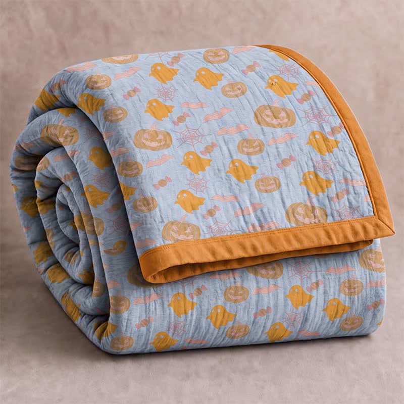 Ownkoti Reversible Halloween Pumpkin Ghost Cotton Blanket - Blue & Orange - Blanket - 98" x 94" - image 6