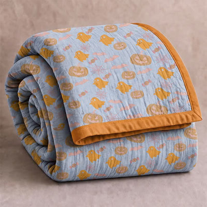 Ownkoti Reversible Halloween Pumpkin Ghost Cotton Blanket - Blue & Orange - Blanket - 98" x 94" - image 6