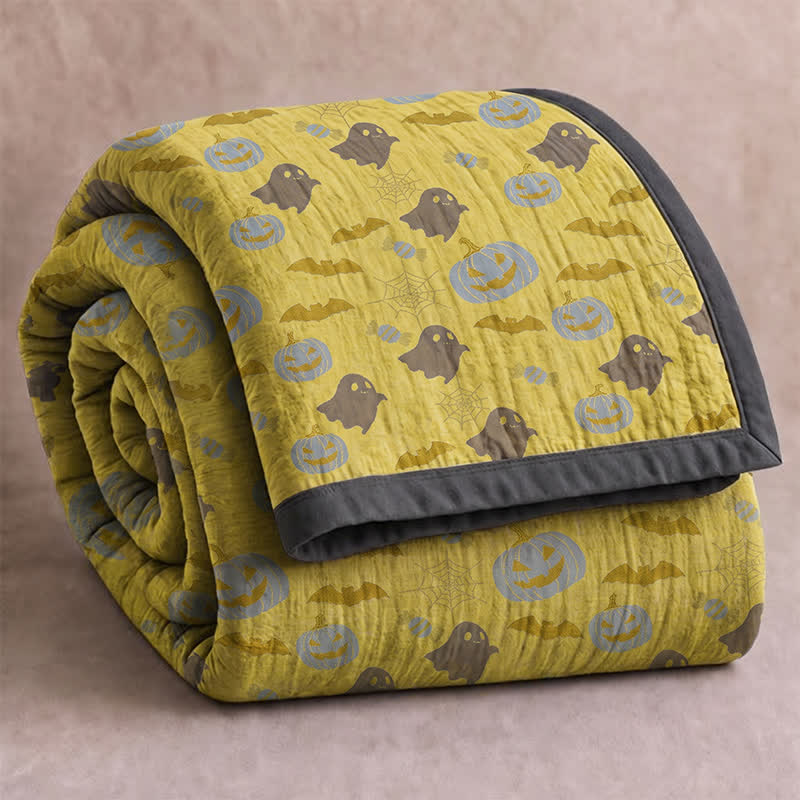Ownkoti Reversible Halloween Pumpkin Ghost Cotton Blanket - Yellow & Gray - Blanket - 98" x 94" - image 12