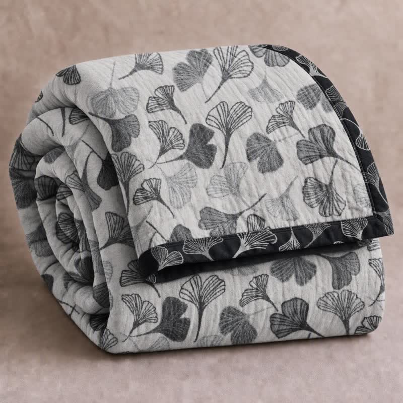 Ownkoti Grey‑Black Ginkgo Leaf Cotton Blanket - Light Gray - 98" x 94" - image 0